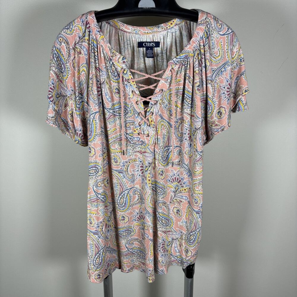 Chaps Orange Pink Paisley Floral Short Flutter Sleeve Tie V- Neck Top Women's M